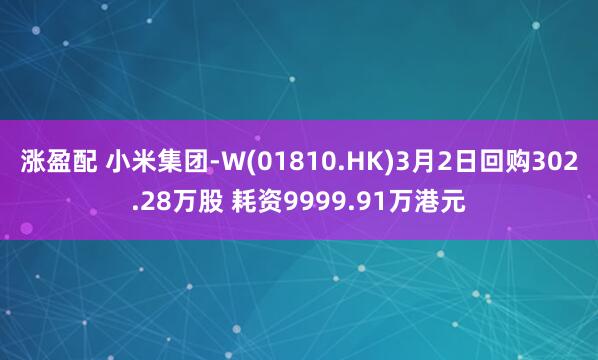 涨盈配 小米集团-W(01810.HK)3月2日回购302.28万股 耗资9999.91万港元
